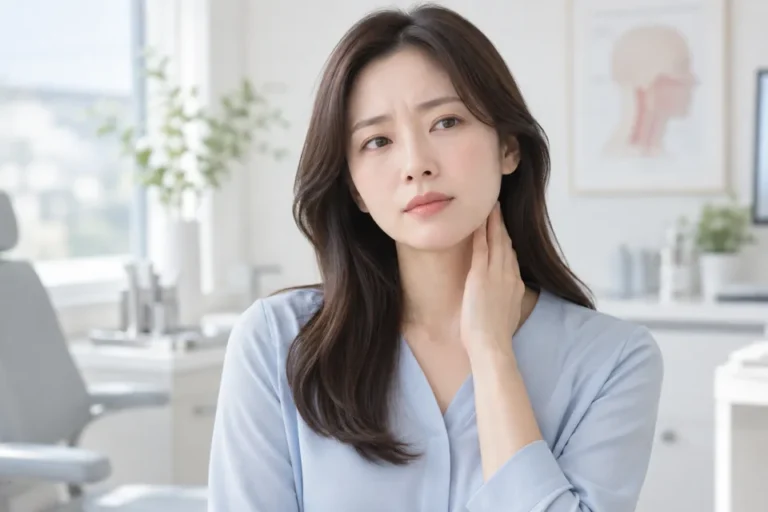 목 옆을 가볍게 짚고 있는 여성