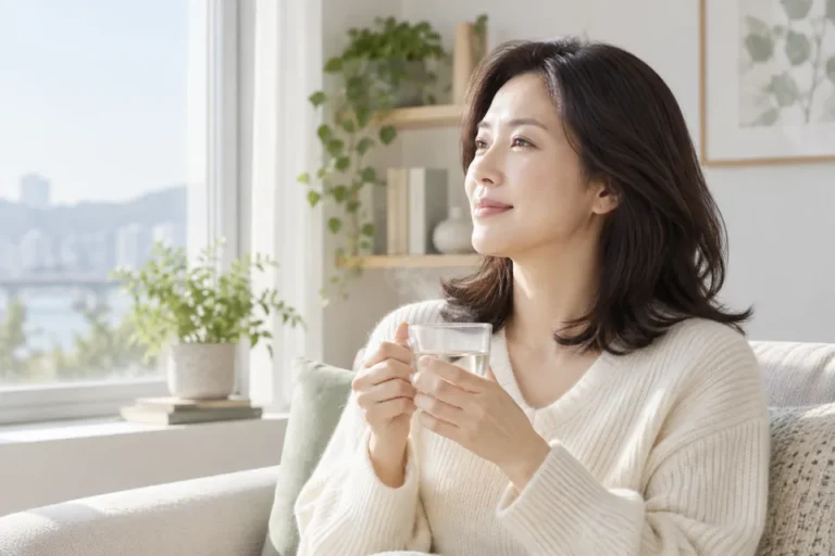 물잔을 들고 쉬고 있는 여성