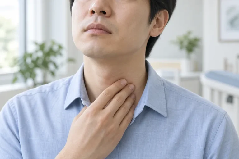 목 아래를 가볍게 짚고 있는 남성