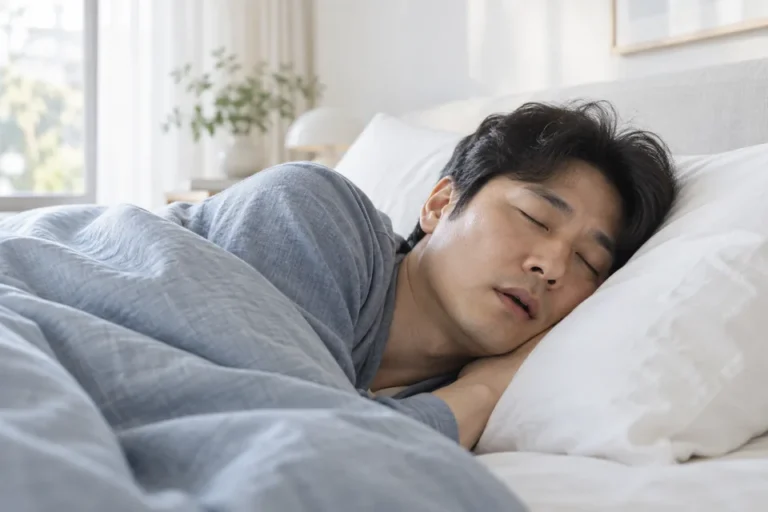 베개에 기대어 옆으로 잠든 남성